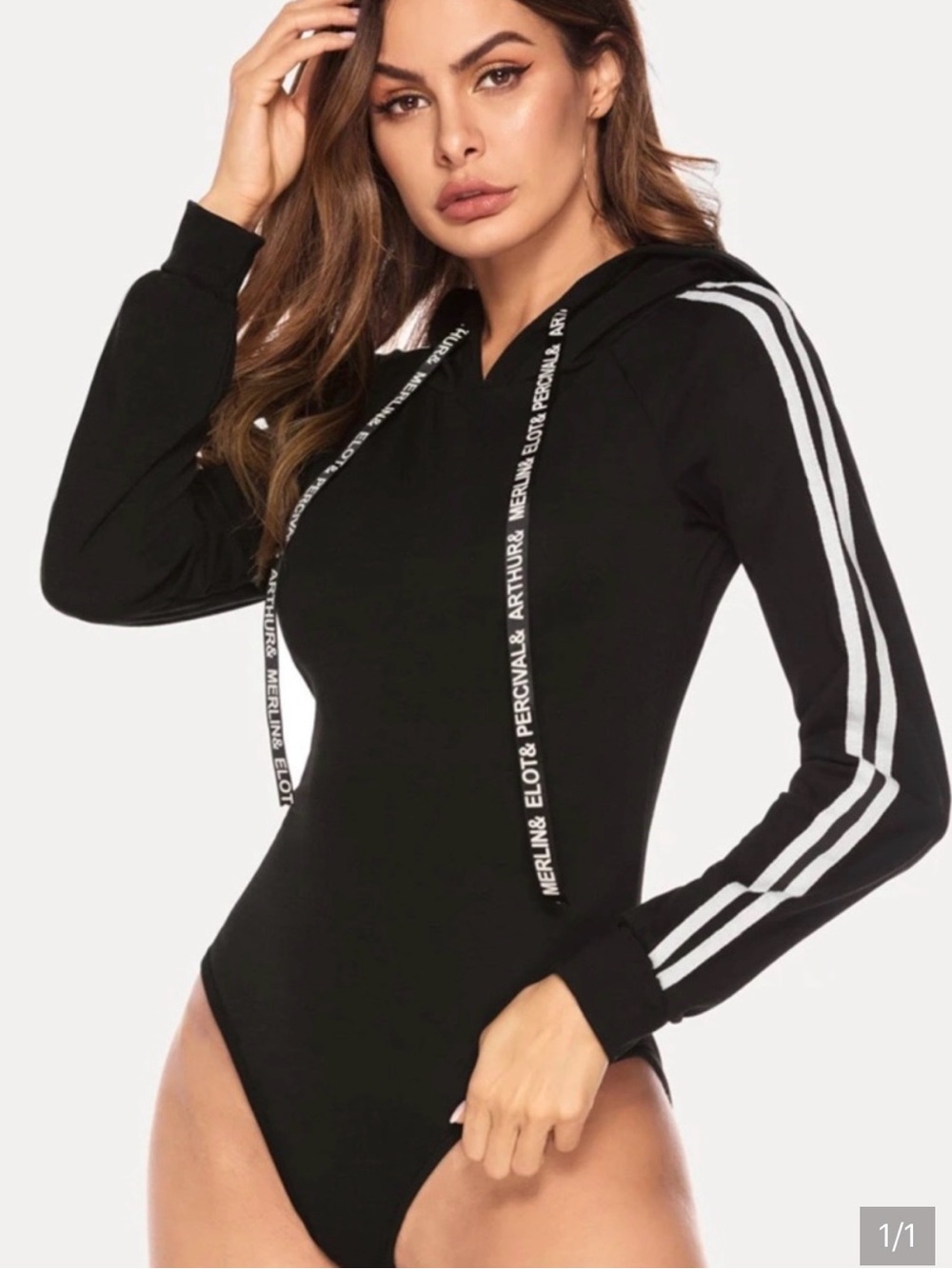Black Long-Sleeve Hooded Womenβs Bodysuit